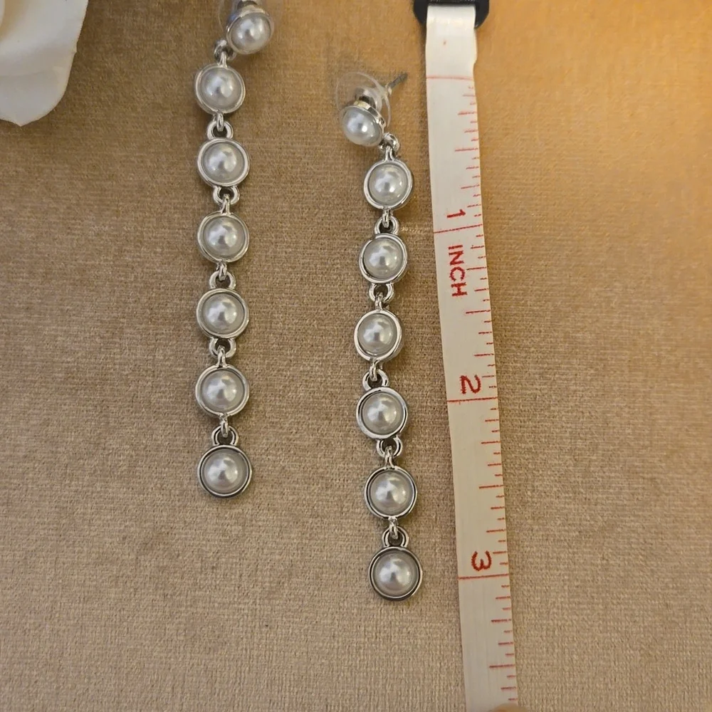 Vintage Bridal style Long Length Drop Pearl Chain Wedding Prom Formal Earrings - Picture 7 of 8